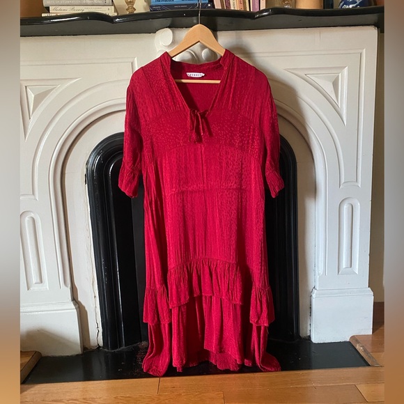 LACAUSA Anthropologie Imelda Raspberry Red Silky Tiered Midi Dress - Picture 5 of 8